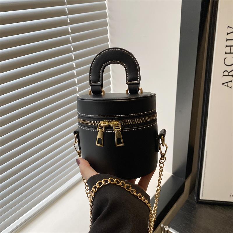 Double zipper mini chain fashionable personality simple trend portable shoulder crossbody cylinder women's bag