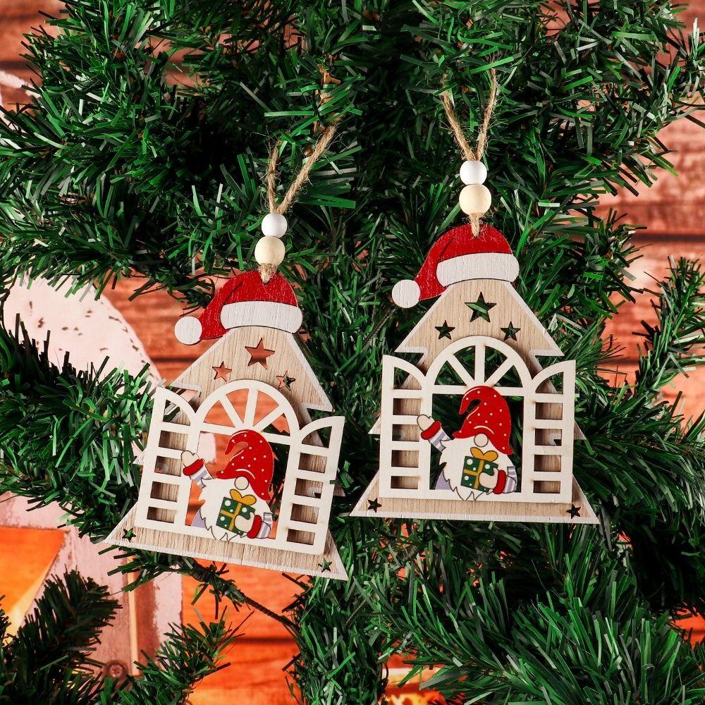 Santa Wooden House Faceless Pendant Pentagram Christmas Decorations Party