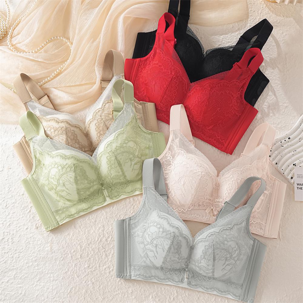 Non-magnetic steel rim bra, light and thin, large breasts, small lace bra, four-breasted breast adjustment type, large size.
