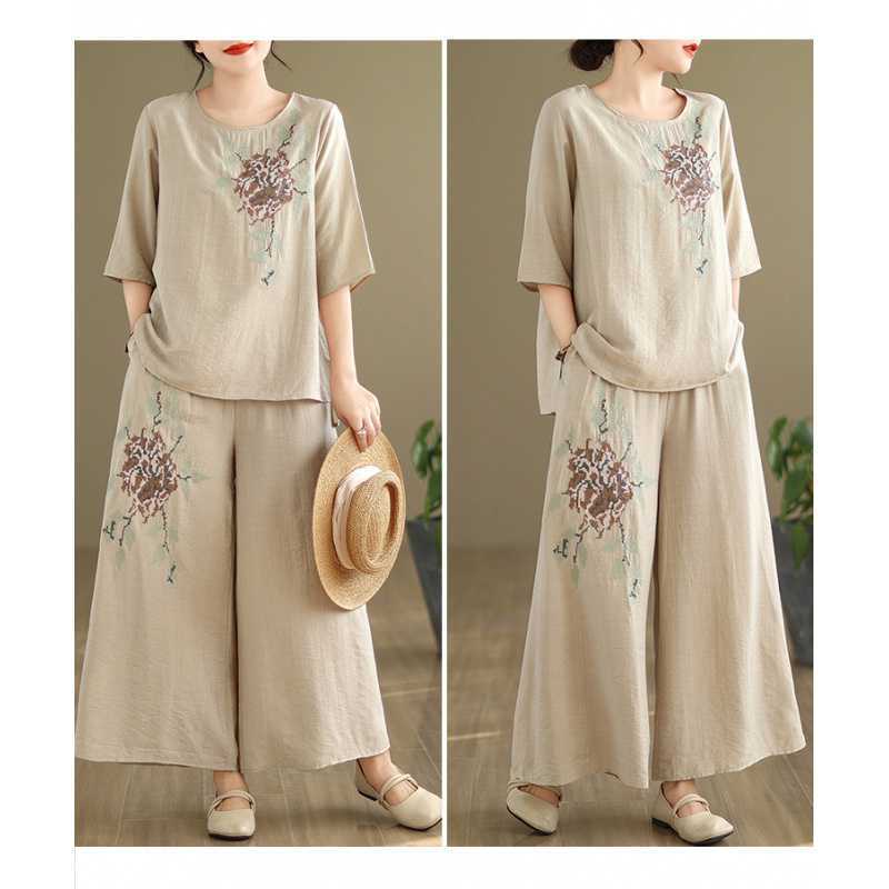 Summer Linen Casual Shirt and Pants Set for Women Retro Light Thin Embroidered Ramie Top Trousers Loose Outfits