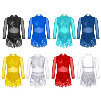 Vestido de Dança de Manga Comprida em Malha para Meninas Gola Redonda Lantejoulas Brilhantes Costas Vazadas Design Patchwork Borlas para Apresentações