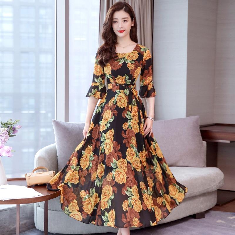 Summer Print Large Size Dress Long Paragraph Fashion Slim Big Swing Beach Skirt Female