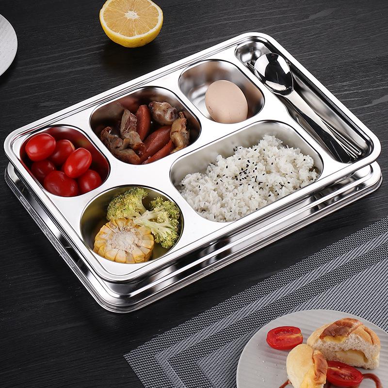304 Stainless Steel Compartment Tray with Lid: Rectangular Fast Food and Canteen Rice Tray, Chinese Style