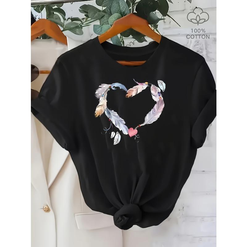 

European Size 1pcs - Pure Plus Size Women S Heart Flower Round Neck Short Sleeve Comfortable Home Top T-Shirt High Quality Women S Clothing 4XL