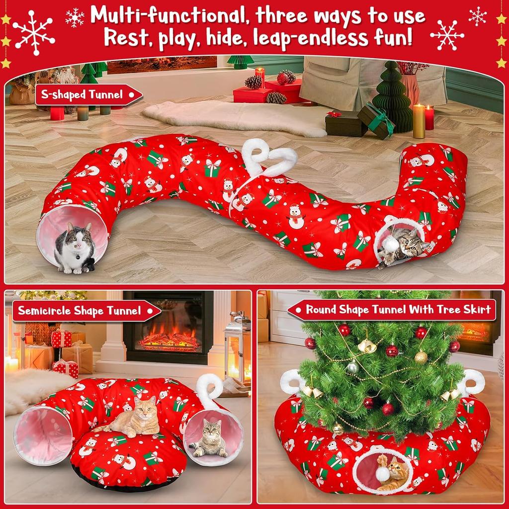 Cat Tunnel Christmas Tree Skirt, 3FT Round Donut with Plush Ball, Red Festive Decor for Small Pets
