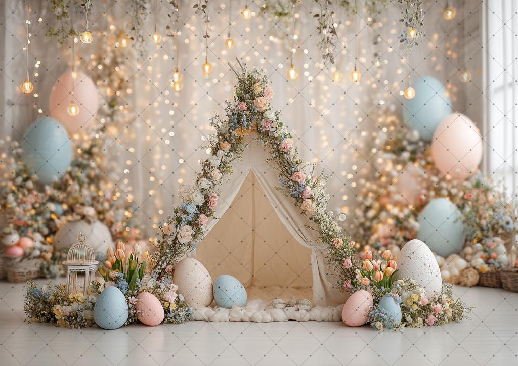 Spring Easter Photography Background Boho Tent Colorful Eggs Flower Baby Shower Birthday Party Decor Kid Portrait Photo Backdrop