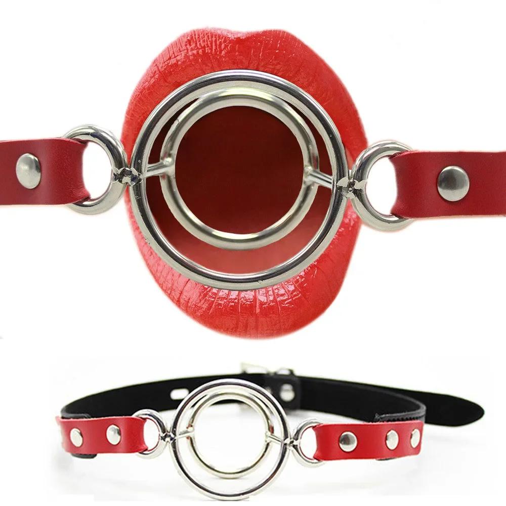 Steel Double Ring Gag Bondage Flail Open Mouth Oral Fixation Mouth Plug Round Stuffed Head Restraints Sex Toy Belt For Couple