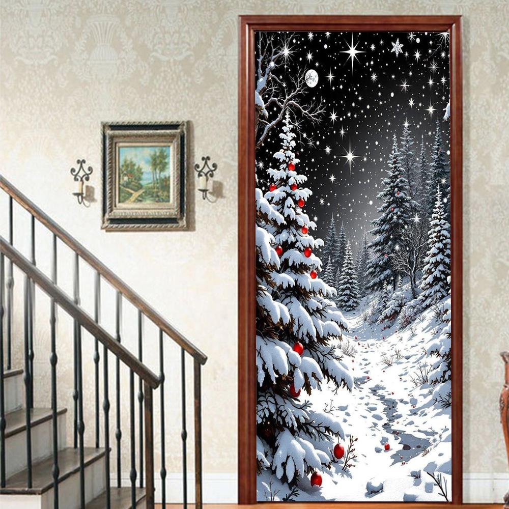 Christmas Tree PVC Self-Adhesive Waterproof Door Sticker Modern Simulation Door Mural Wallpaper Living Room Study Home Decor Art Door Poster