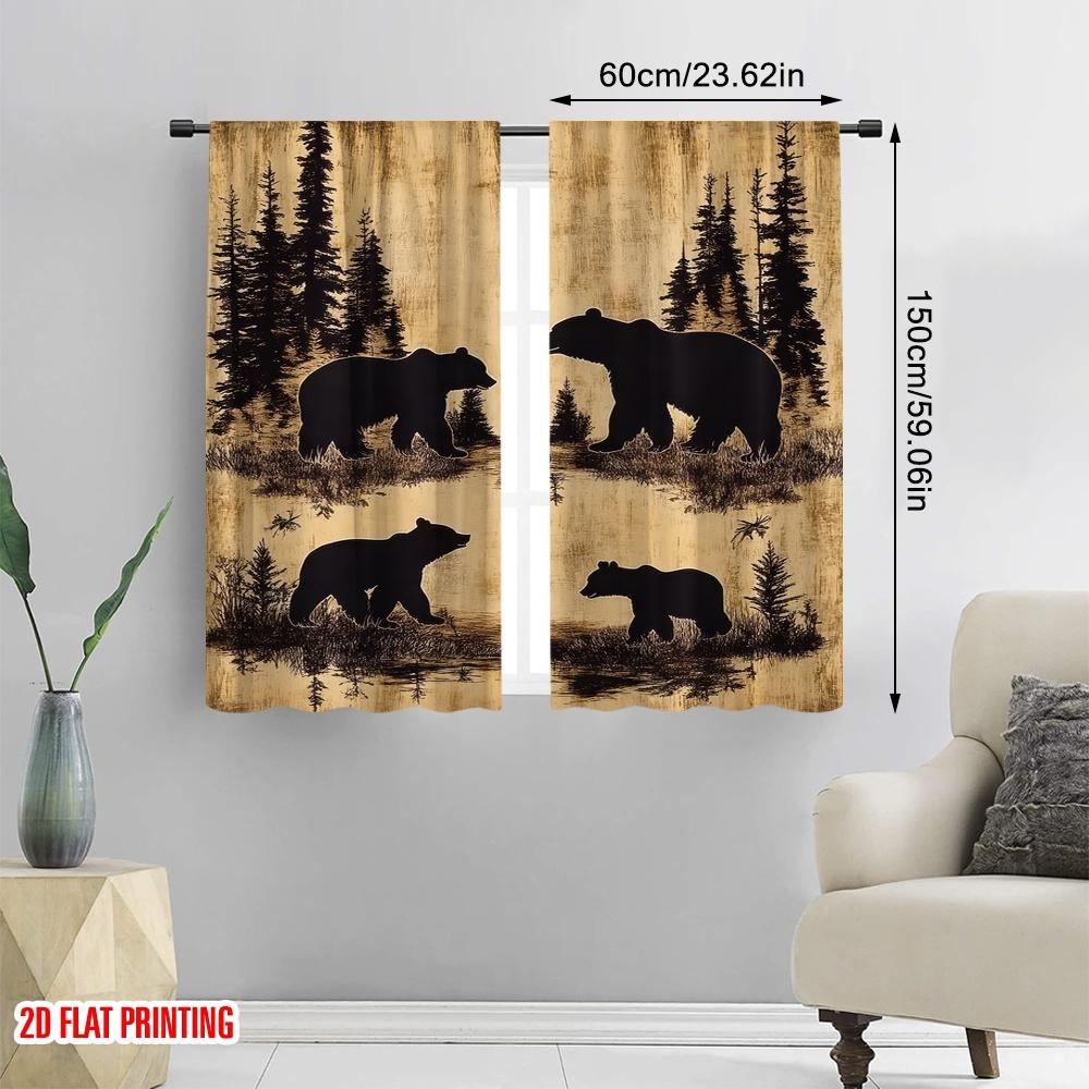2D Flat Printing 2pcs Retro Bear Pattern Window Drapes Rod Pocket Design For Easy Installation Window Curtain For Living Room