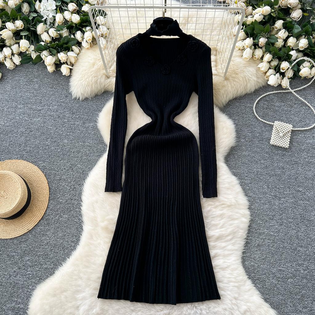 Podzim Zima Dámský Elegantní Svetr s V-výstřihem a Dlouhým Rukávem s 3D Květinami Pletený Pulovr Dlouhé Midi Společenské Šaty