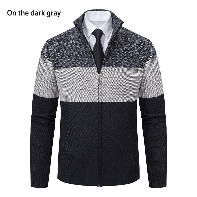 Men's Color Block Velvet-Lined Knit Cardigan with Stand Collar for Fall/Winter