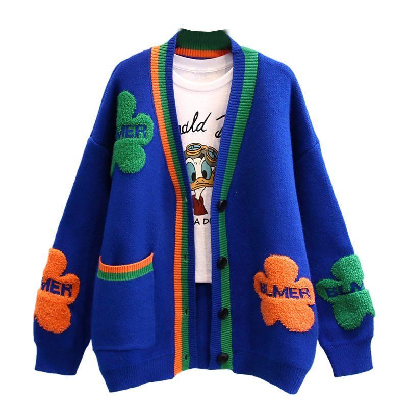 Kontrastfarbe Kleine Blume Pulloverjacke Neu Locker Lässiger Stil Westernstil Gestrickte Strickjacke