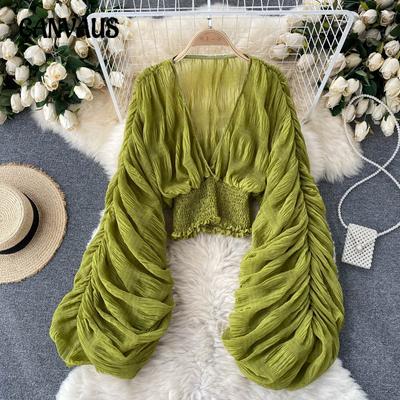 Women's Plus Size Design Sense Niche Pleated Puffle Sleeved Slim Short Chiffon Top