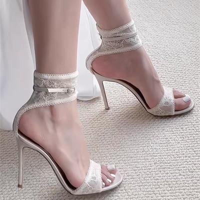 Stiletto-Sandalen Frühling Sommer Neu Runde Zehenpartie Offene Zehenpartie Spitze Stickerei Sexy Ein Riemen Rutschfest Abriebfest Hohe Absätze