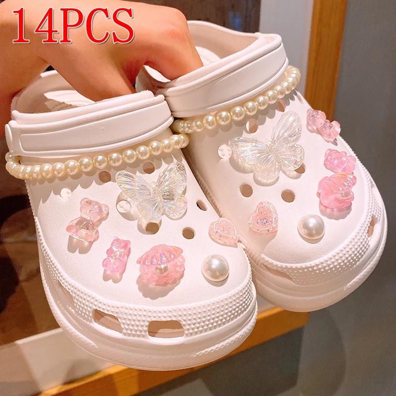 12/14PCS Advanced Bow Shoe Decorations Shoe Charms Set Pearl Butterfly Shoe Decoration DIY Detachable Buckle Shoes Accessories