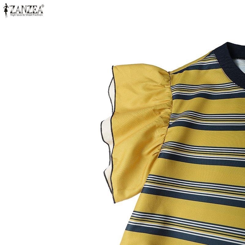 ZANZEA Women Round Neck Ruffles Short Sleeve Casual Stripe Patchwork Long Dress