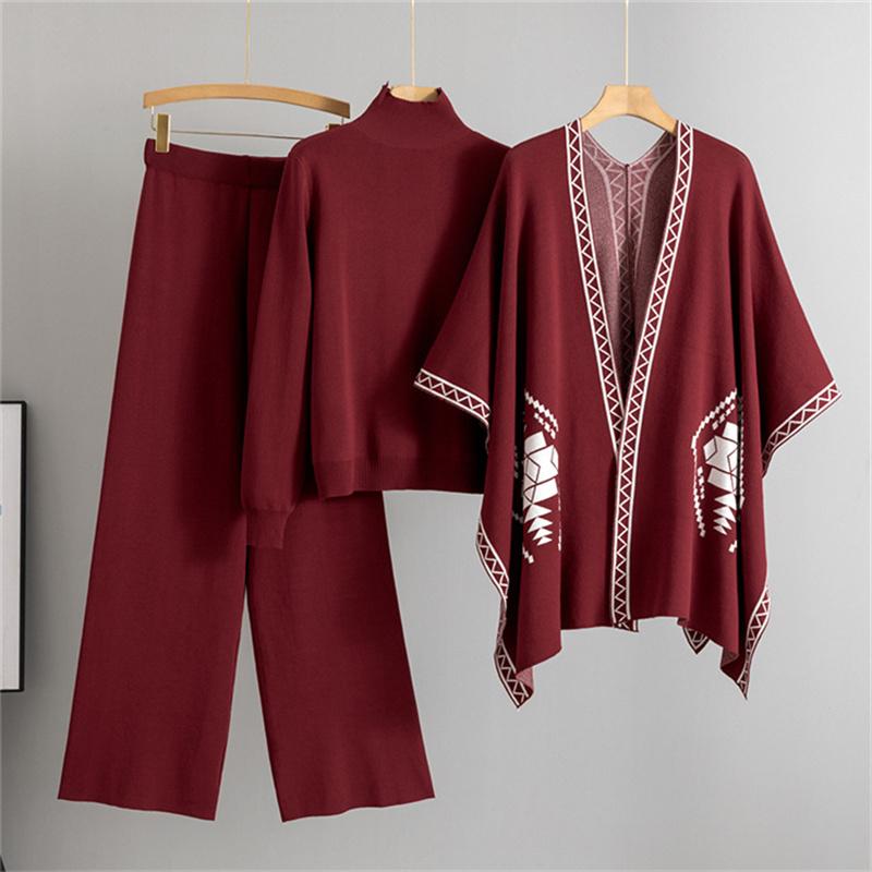 Maglione Lavorato a Maglia Ampio a Collo Alto Scialle Pantaloni a Gamba Larga Set Tre Pezzi Da Donna Autunno E Inverno