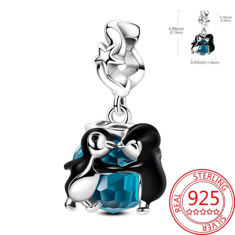 Copper Pet Series Cute Animals Charms Blue Penguin Hug Heart Love Bead Fit Original Bracelet For Women Jewlery Gift