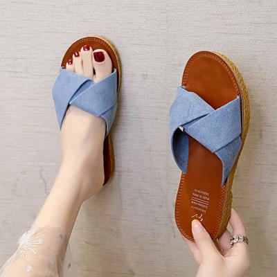 Coole Hausschuhe Damen Oberbekleidung Koreanische Version 2020 Sommer Ein-Wort-Slipper flache Überkreuz-Damenhausschuhe Mode Damenschuhe