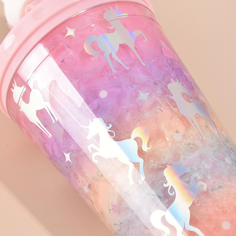 Jednorožec Ice Cup Fľaša na vodu Gradient Girl Heart Roztomilý slamený pohár Jednoduchý prenosný domáci kreatívny dvojitý plastový pohár
