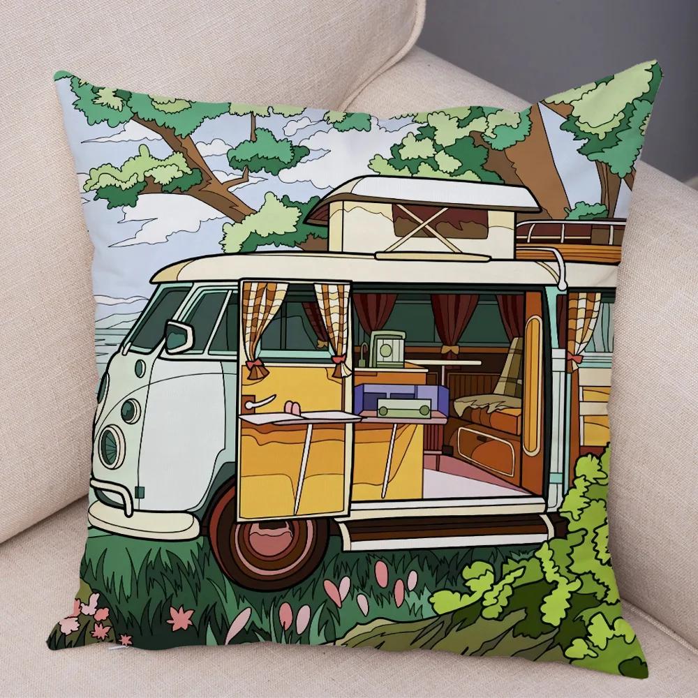 Both Sides Pillow Case Decor Happy Camper Cartoon House Travel Car Cushion Cover for Sofa Home Super Soft Plush Pillowcase