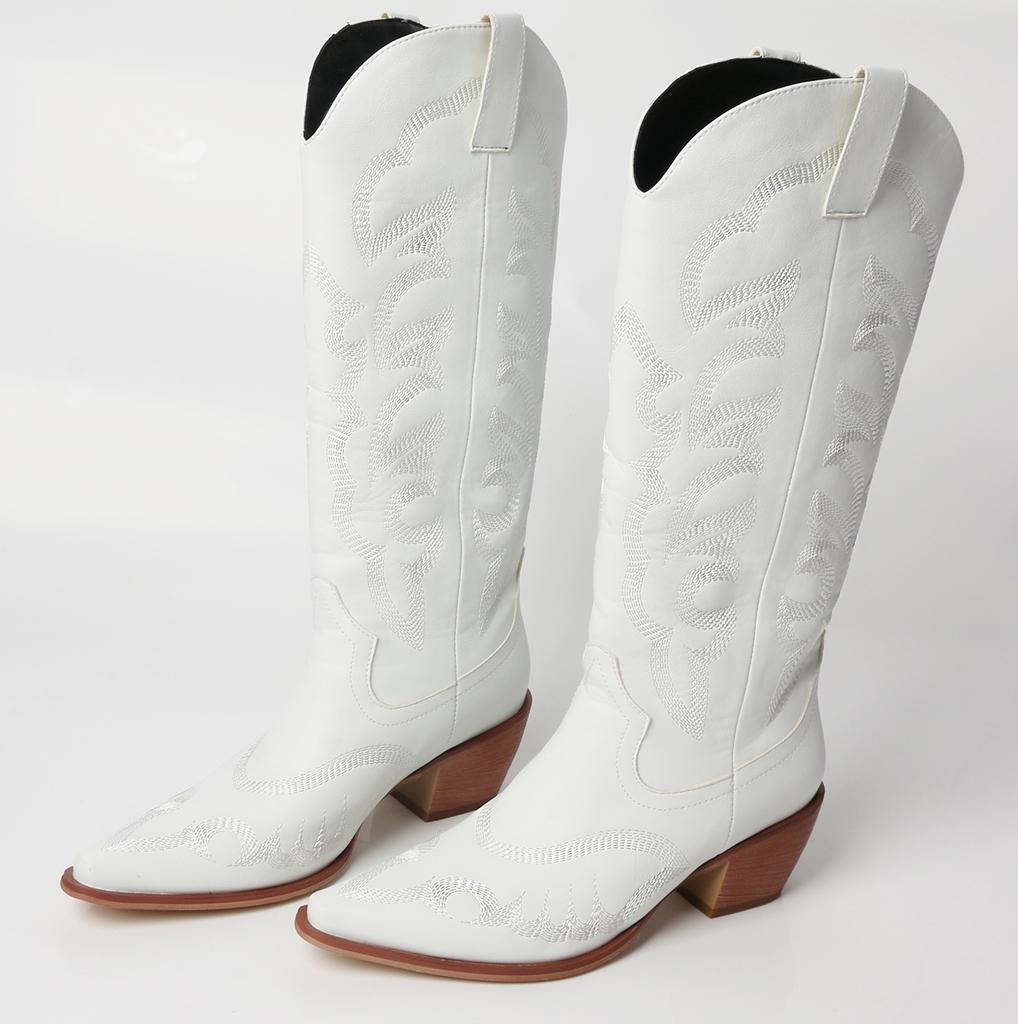 FOREADA Women Knee High Cowgirl Long Boots Pointed Toe Chunky High Heels Embroidery Wester Gogo Boots Ladies Fashion Shoes Winter 43