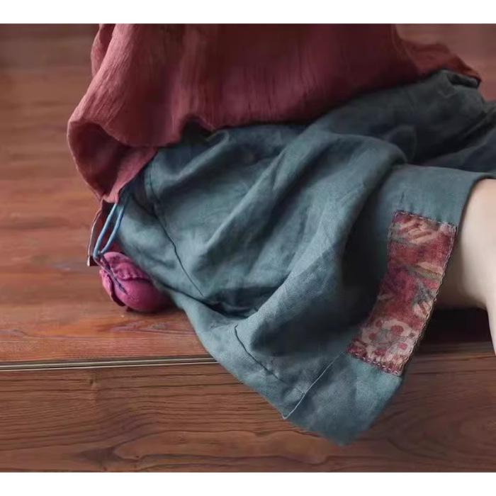 

Ретро Шорты с Высокой Талией в Стиле Пэчворк из Хлопка и Льна - Стройнящие, Свободные, Укороченный Стиль XL светло-зеленый