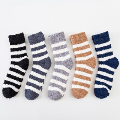 5/10 Pairs Autumn Winter Thickened Non Shedding Coral Fleece Socks for Men Home Worn Warm Striped Mid Calf Socks Comfortable