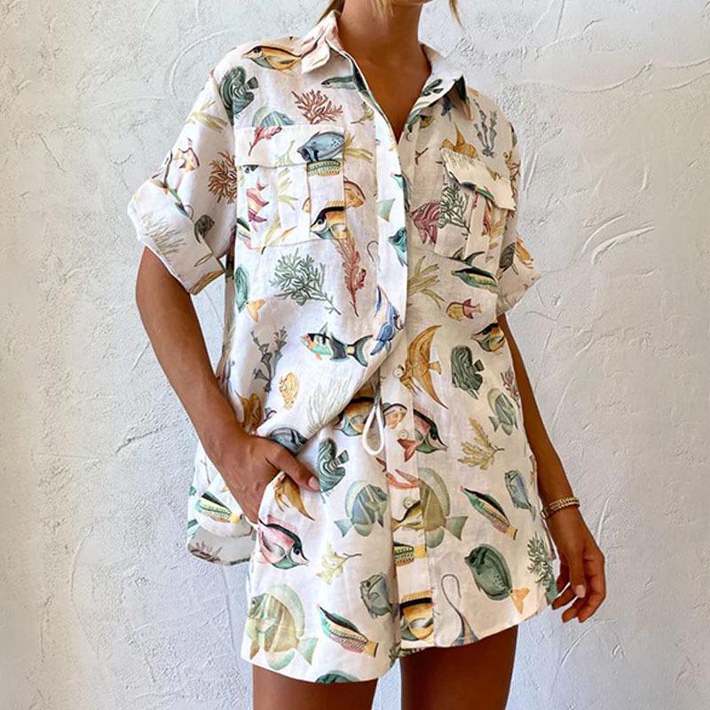 2026 Spring Women's Fashion: European & American Printed Short-Sleeve Shirt and Tie-Up Pants Set