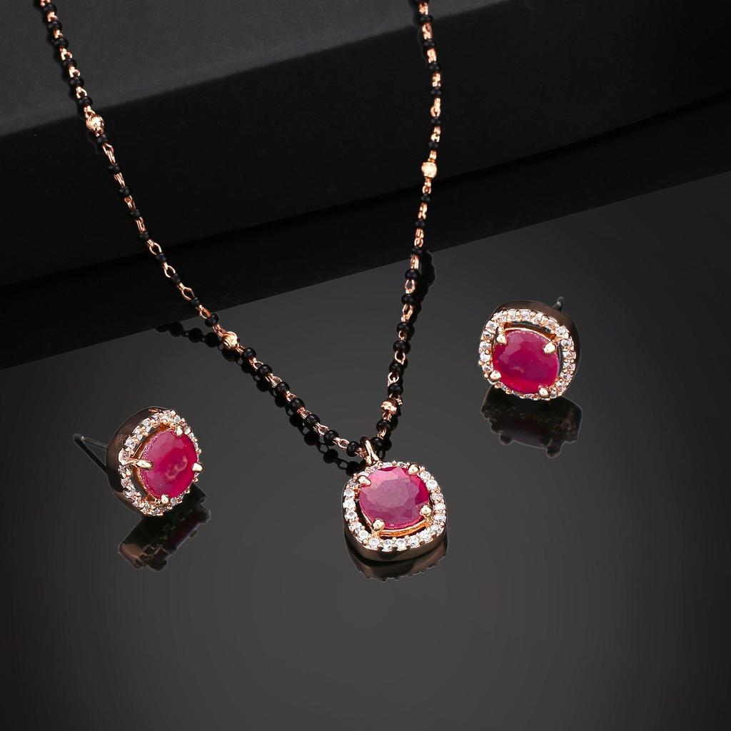Estele Sparkling Rose Gold Square Necklace with CZ Designer Mangalsutra Square Necklace Set with Ruby Stones for Women