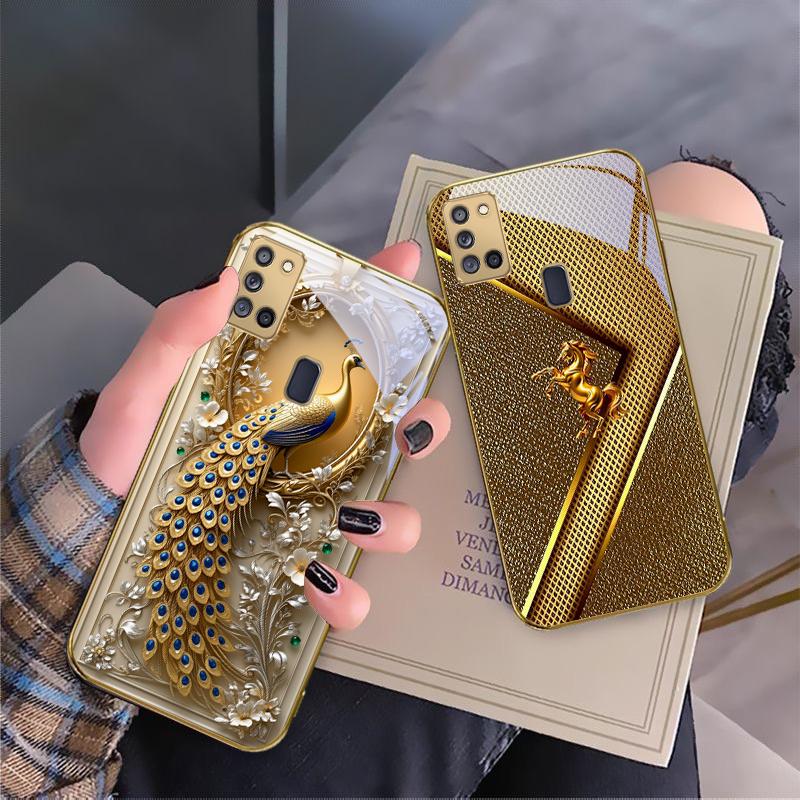 Goldene Pferde-Skulptur Für Samsung A 31 32 A33 A34 35 14 A15 13 A16 25 26 50 52 53 54 55 56 70 71 72 73 Goldene Glas-Handyhülle