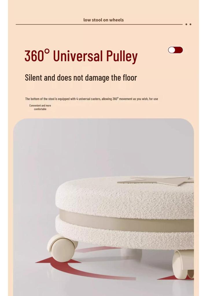 Cream Low Stool with Backrest and Universal Wheels - Ideal for Home, Grout, and Children's Use, Silent Sliding Design