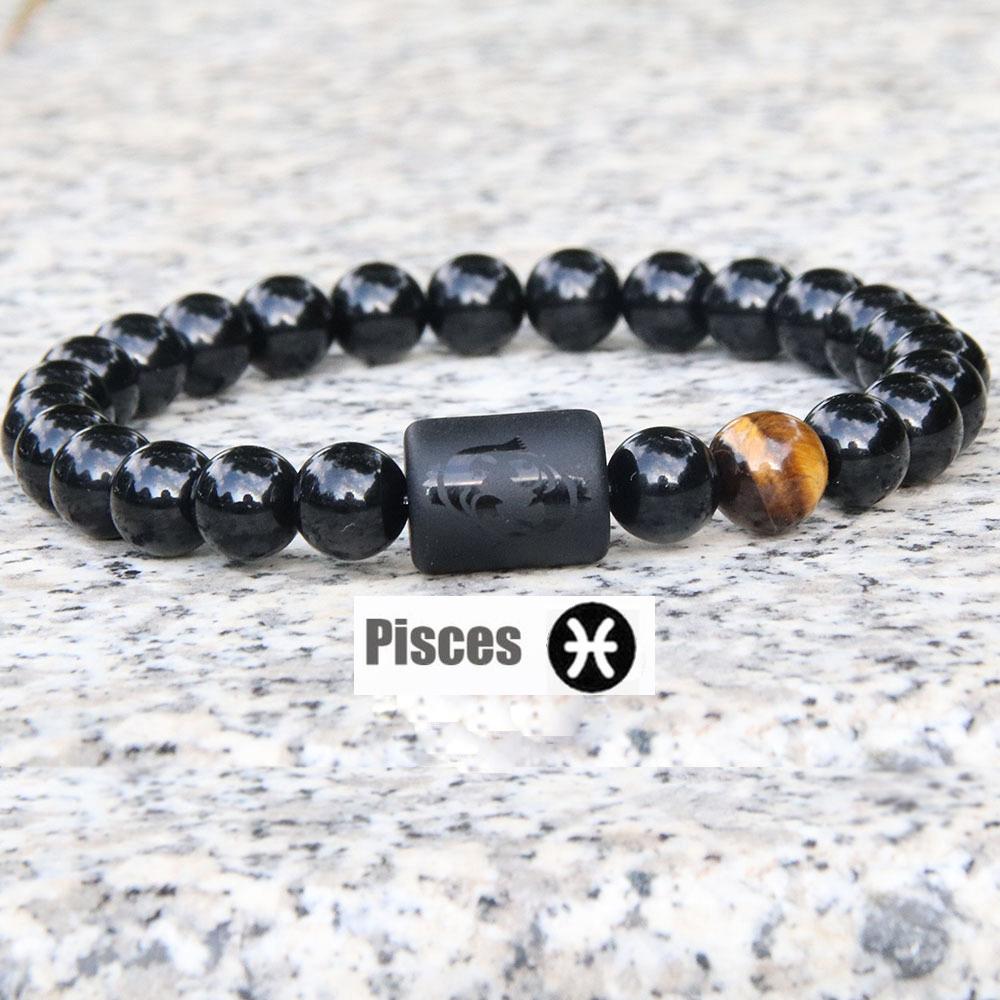 New Twelve Constellation Stretch Bracelet Male Simple Obsidian Engraved Couple Beaded Fashion Commuter Bangle Natural Stone