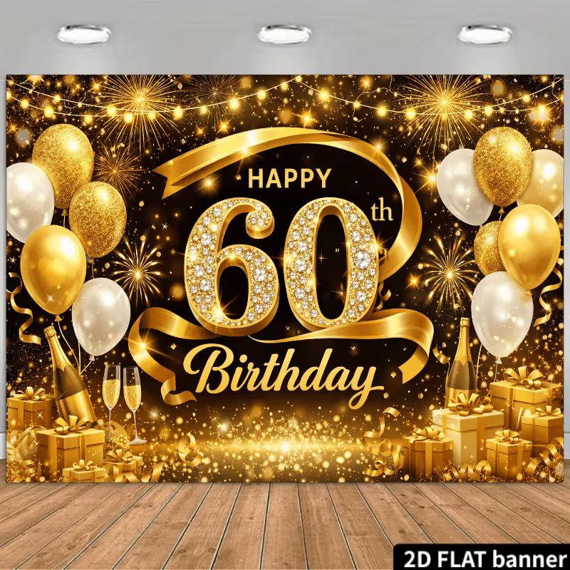 

2D Glitter Gold 60th Birthday Background Banner with Balloons & Champagne 47.2x31.5inch/120*80cm