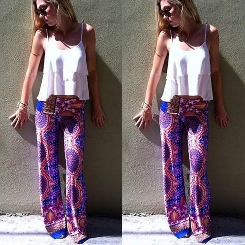 Women Bohemia Long Pants Floral Print Straight Casual Loose Trousers With Micro Fiber Material