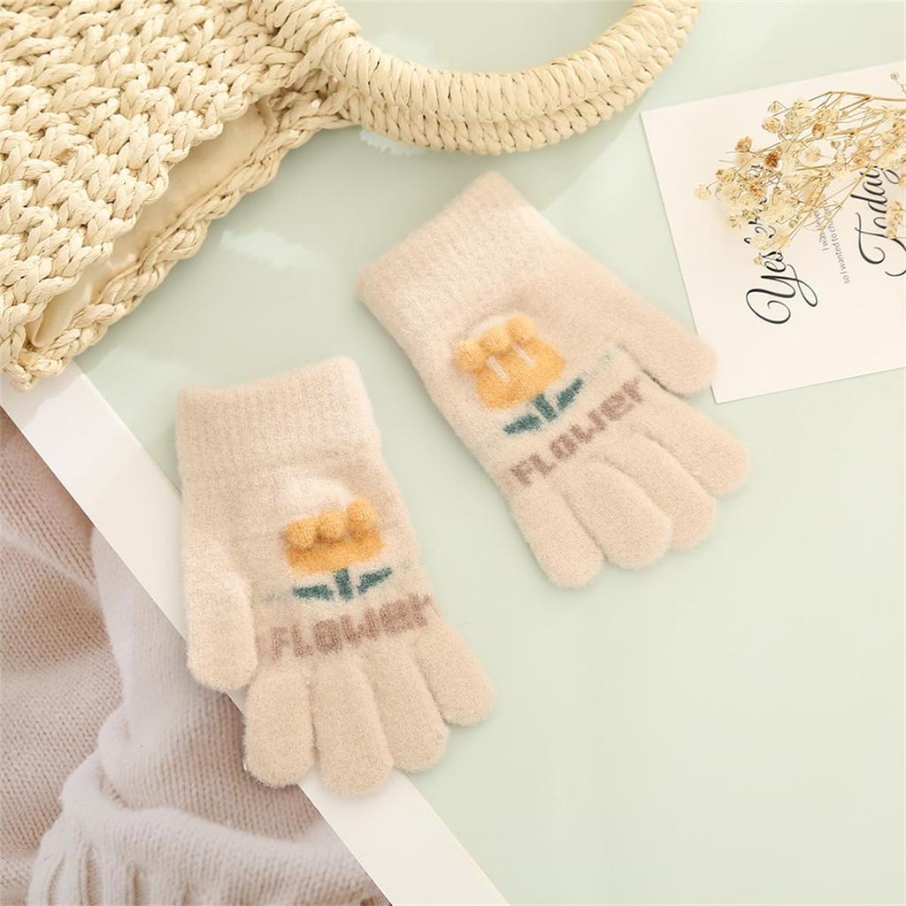 VIISEN Popular Design for Girls Ages Cute and Perfect for Winter and Cycling Years Kids' Gloves, Five-Finger 2-5, Warm, Outings, School, (Champagne,