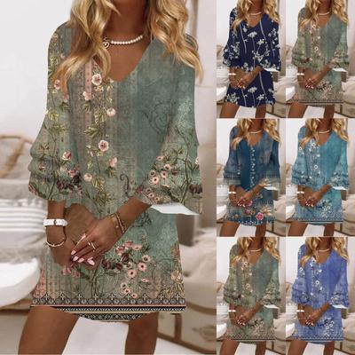 Women's Fashion Summer Temperament Elegant Retro Printed V-Neck 3/4 Sleeves Mini Dress