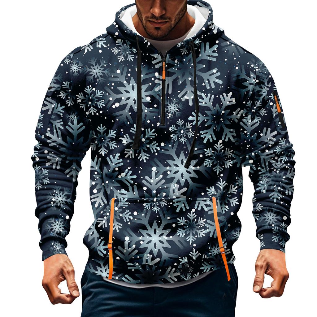 Sudadera deportiva casual de media cremallera con capucha y estampado navideño para hombre