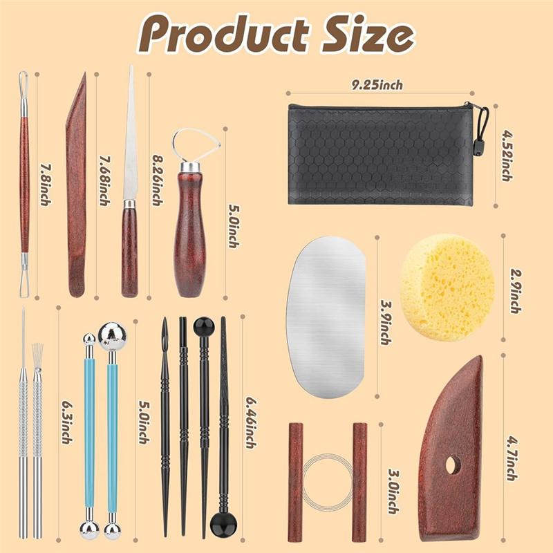 

ABWR-Clay Sculpting Tools, Basic Clay Pottery Carving Tool Kit With Wooden Handles And Tool Bag For Carving, Molding Durable