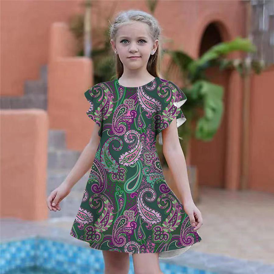 Girls Golden Cashews Print Dresses Kids Girl Party Dress Loose Fitting Loose Fitting Short Sleeved Skirt For Girls Over Four Years Old