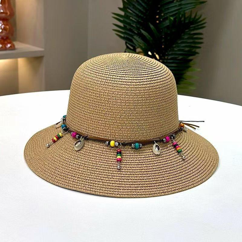 Ethnic style bead decoration big brim straw hat women outdoor vacation sunshade bucket hat foldable sunscreen sun hat