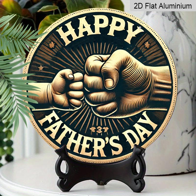 2D Flat, 1pc Round Aluminum Happy Father's Day Sign, Vintage Fist Bump Dad & Child Design, Retro Gold & Black Wall Decor, Waterproof & Durable