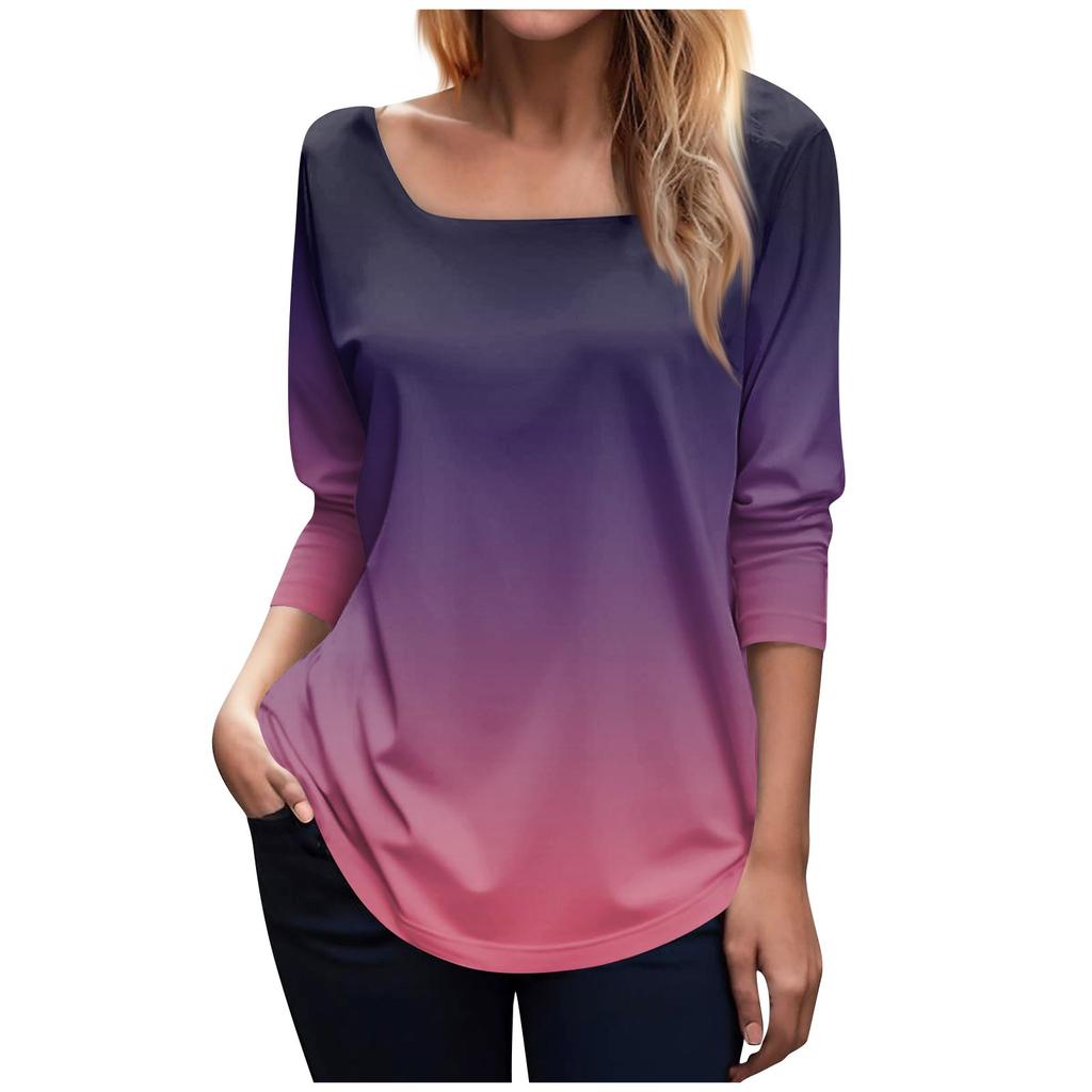 Damen T-Shirt mit Rundhalsausschnitt, modischer Taille und Farbverlauf-Print, langärmelig