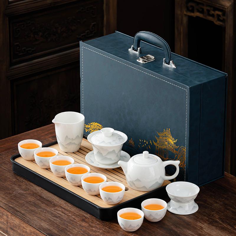 Ink Suet Jade Kung Fu White Porcelain Set High-end Tea Set Household High-end Teapot