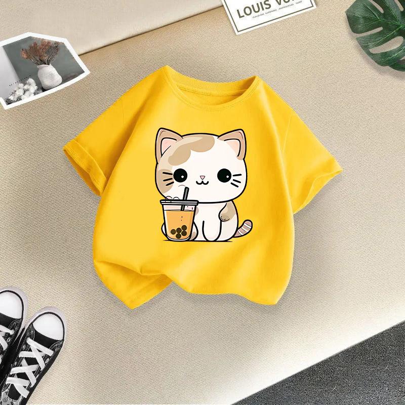 Children's Casual Short-sleeved T-shirt - Summer Boys' and Girls' Casual Cute Cat T-shirt
