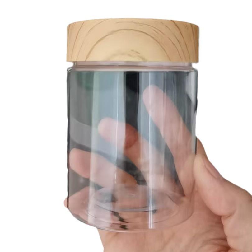 Round Transparent Plastic Jar with Wood Grain Lid Gift Box