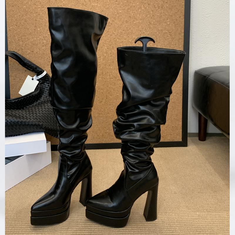 Eilyken  New Winter Fashion Pointed Toe Platform Woman Over The Knee Boots Fashion Punk Chunky Square Heels Shoes