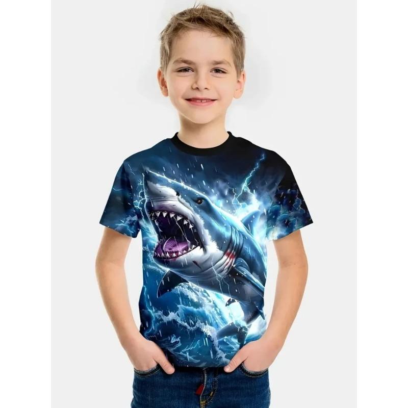 Summer Boys Clothes Breathable Elastic Comfortable Children's T-Shirt Cartoon Shark Casual Cool Summer O-Neck T-Shirt for Boys
