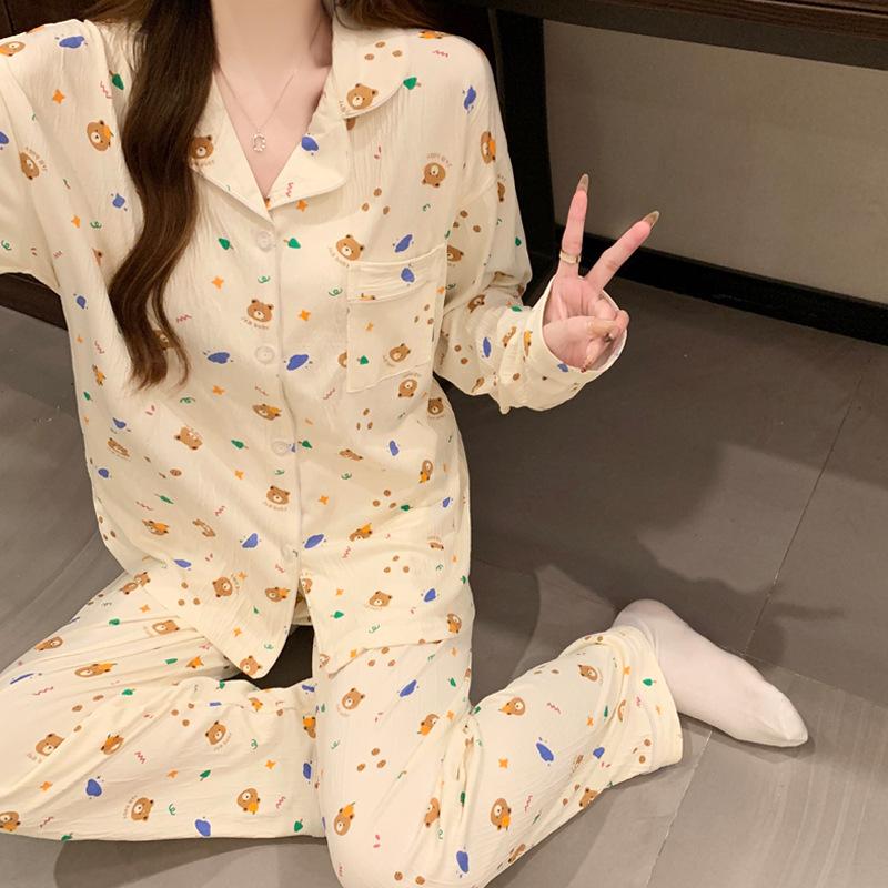 Butter Bear Pajamas Women'S Spring And Autumn Long-Sleeved Trousers Cute Print Student Dormitory Simple Suit Loungewear