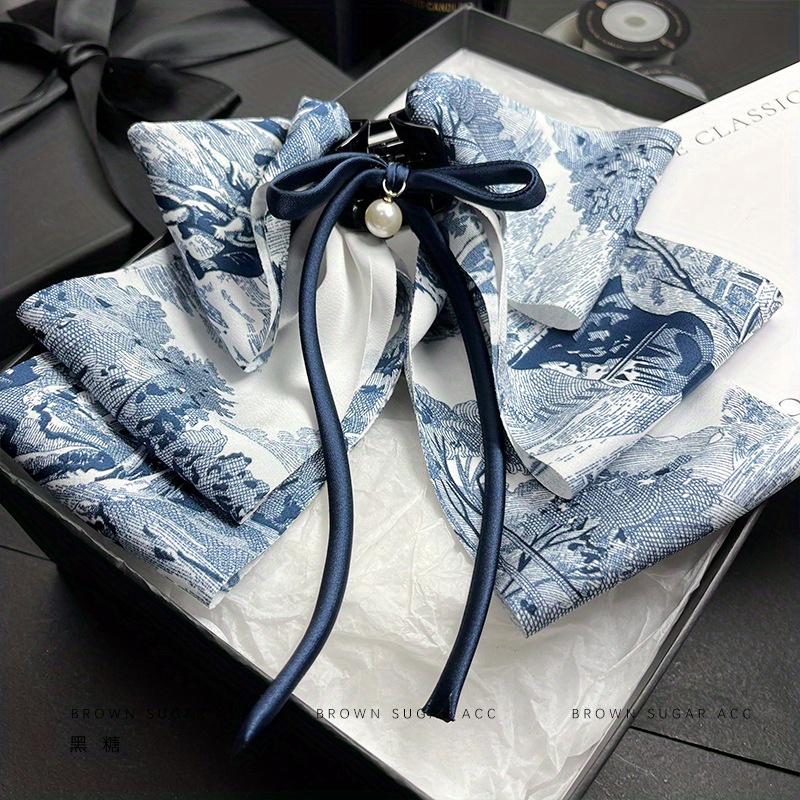 New Handmade Blue Willow Hair Claw Clip Layered Bow Chinese Ink Print Shark Clip with Silk Ribbon Vintage Hair Accessories Women